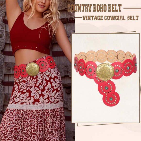 Woman's Western PU Leather Belts Concho Disc Wide Waist Belt Red Bronze Buckle - Picture 6 of 6